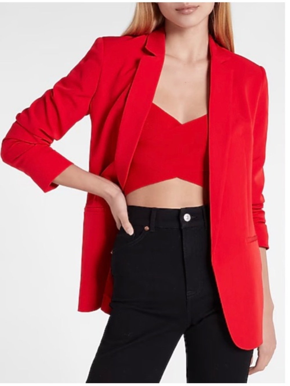 Express Crepe Boyfriend Oversized Tunic Blazer Open Front Jacket Career Red XL